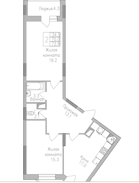 2-комнатная 73.9 м2 в ЖК undefined корпус null этаж 7