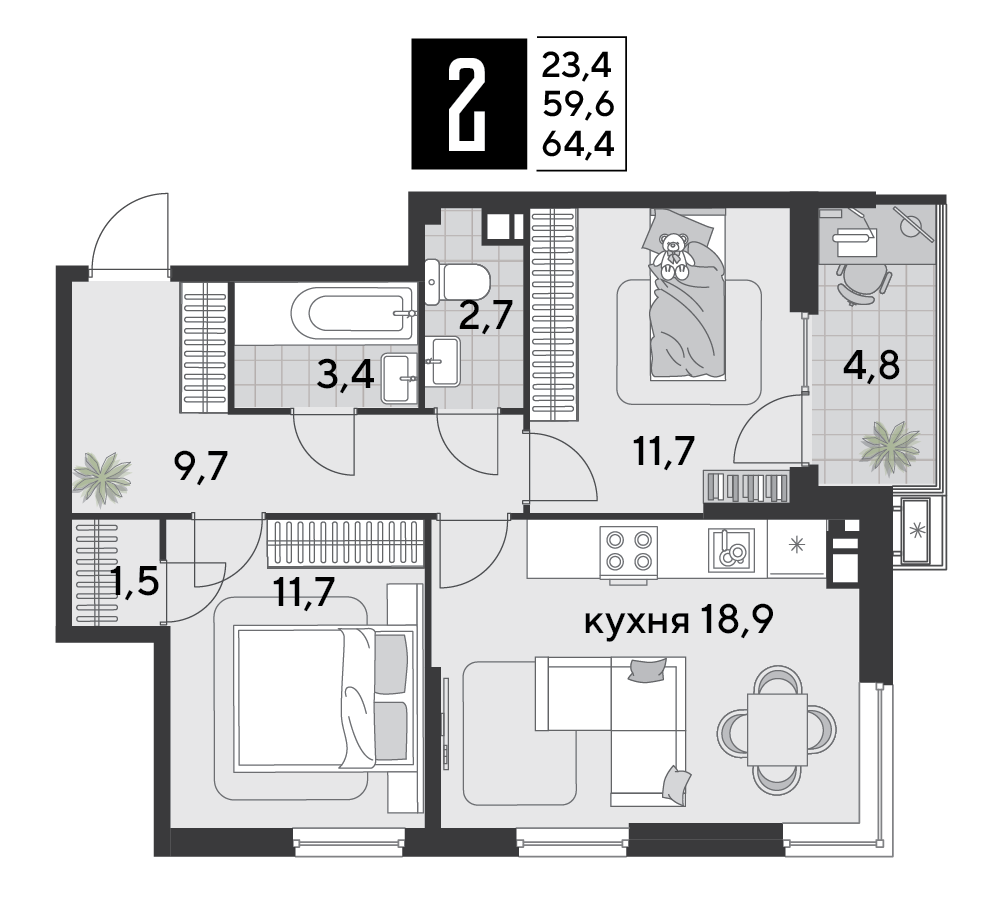 2-комнатная 62 м2 в ЖК Парк Победы 2 корпус null этаж 4