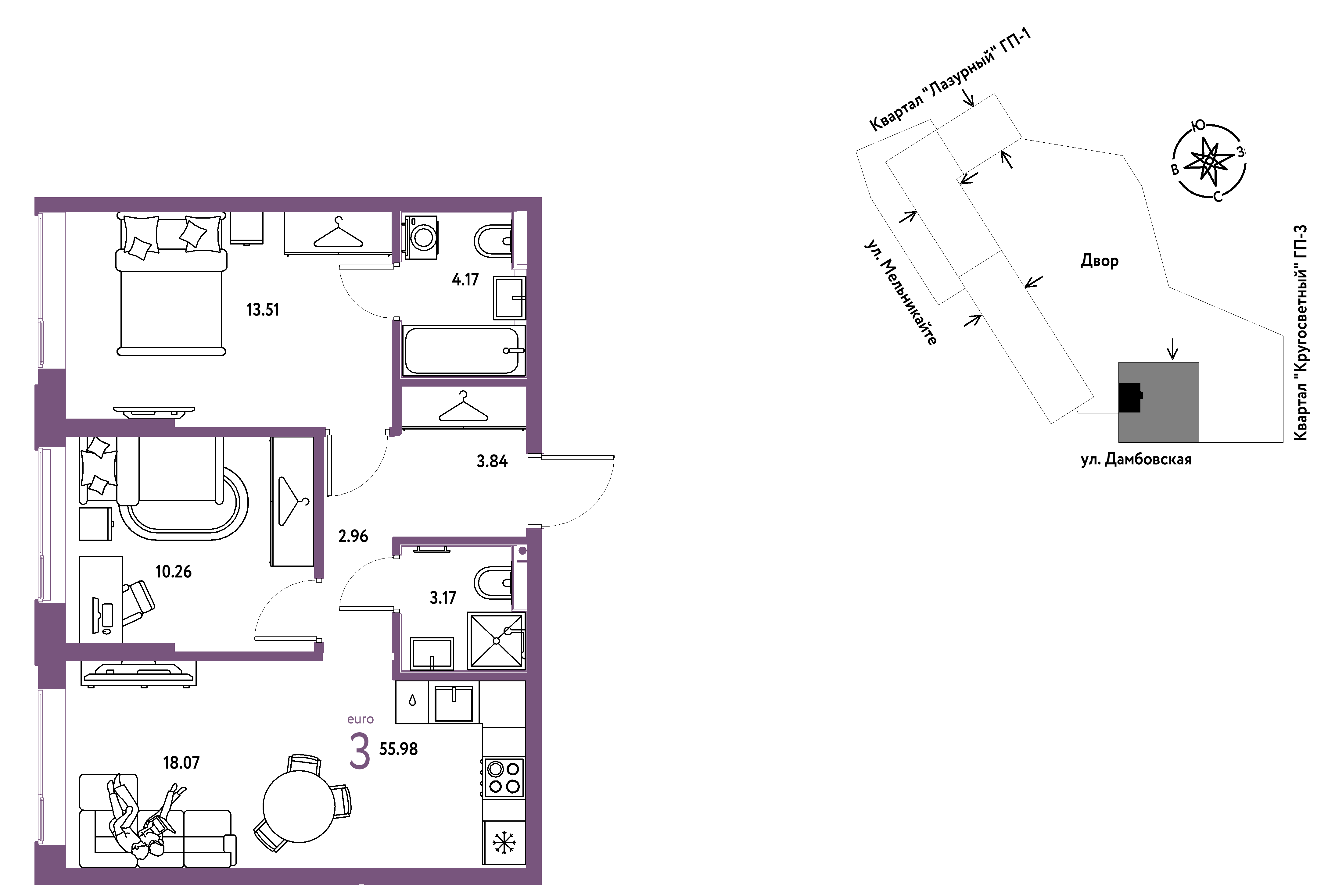 3-комнатная 55 м2 в ЖК Страна.Прибрежная корпус null этаж 11