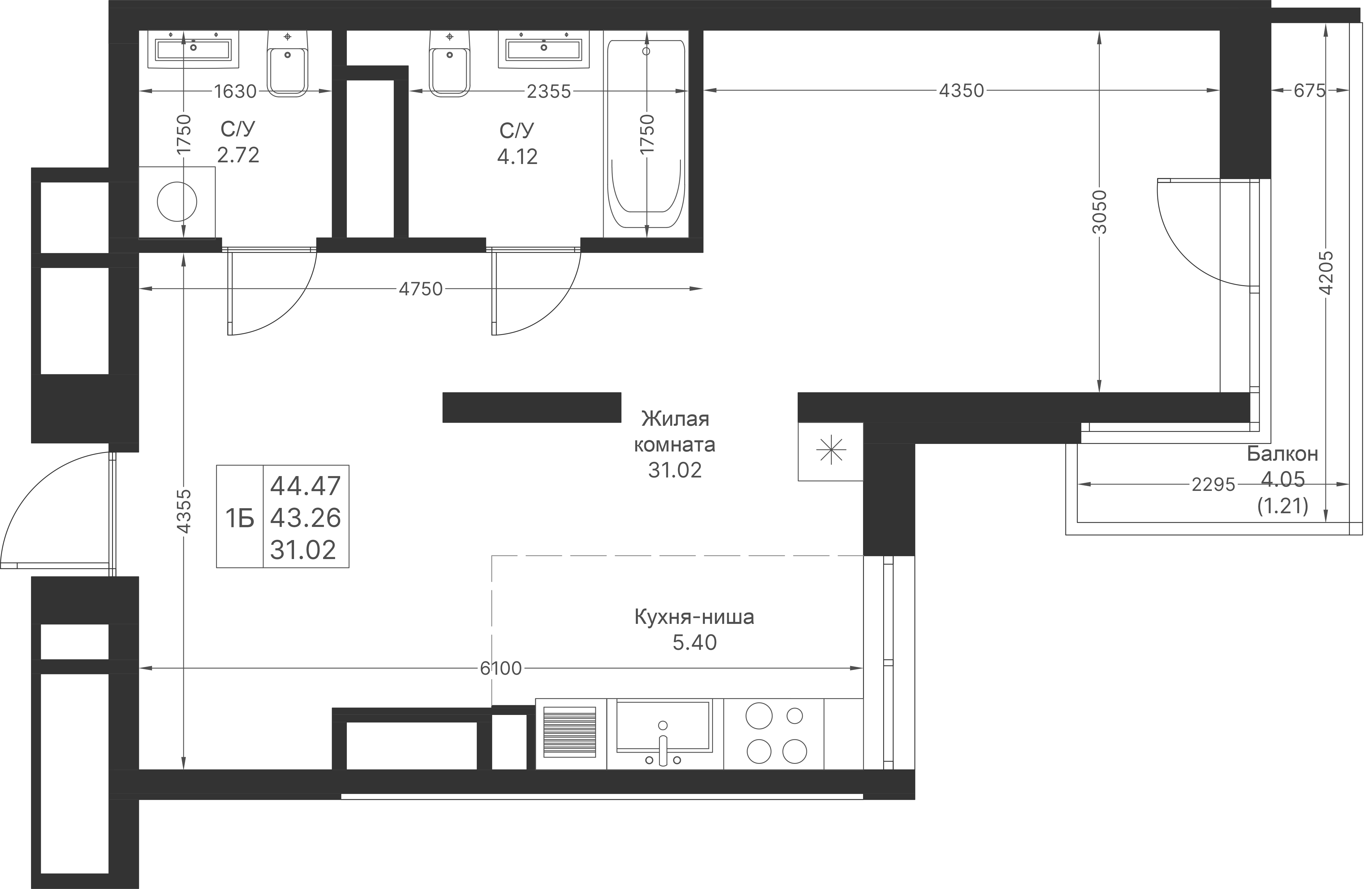 Студия 44 м2 в ЖК Мой Ритм корпус null этаж 15