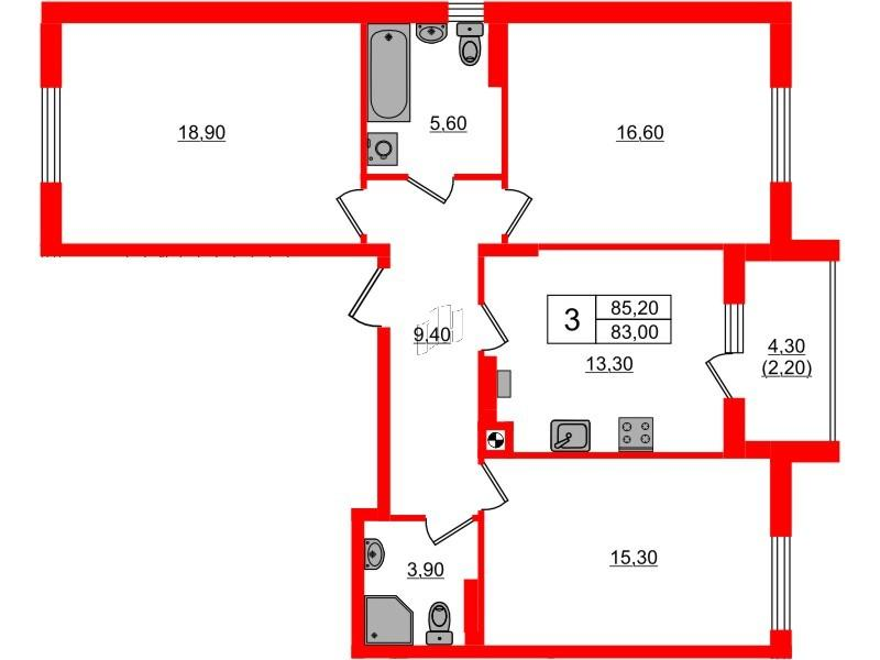 3-комнатная 85 м2 в ЖК Речной парк-2 корпус null этаж 4