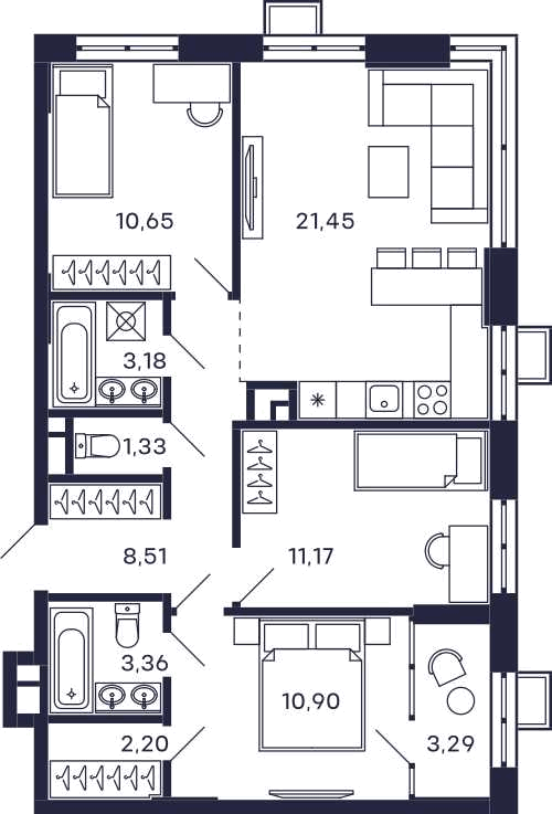 3-комнатная 76 м2 в ЖК Квартал Тетрис корпус null этаж 8