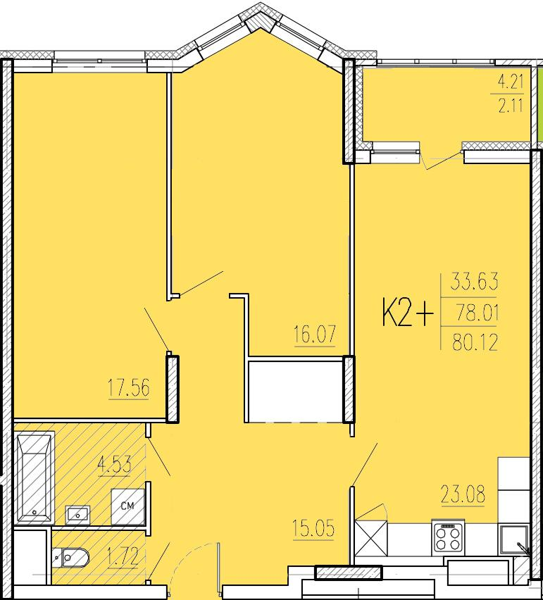 2-комнатная 80 м2 в ЖК Акварель корпус null этаж 13