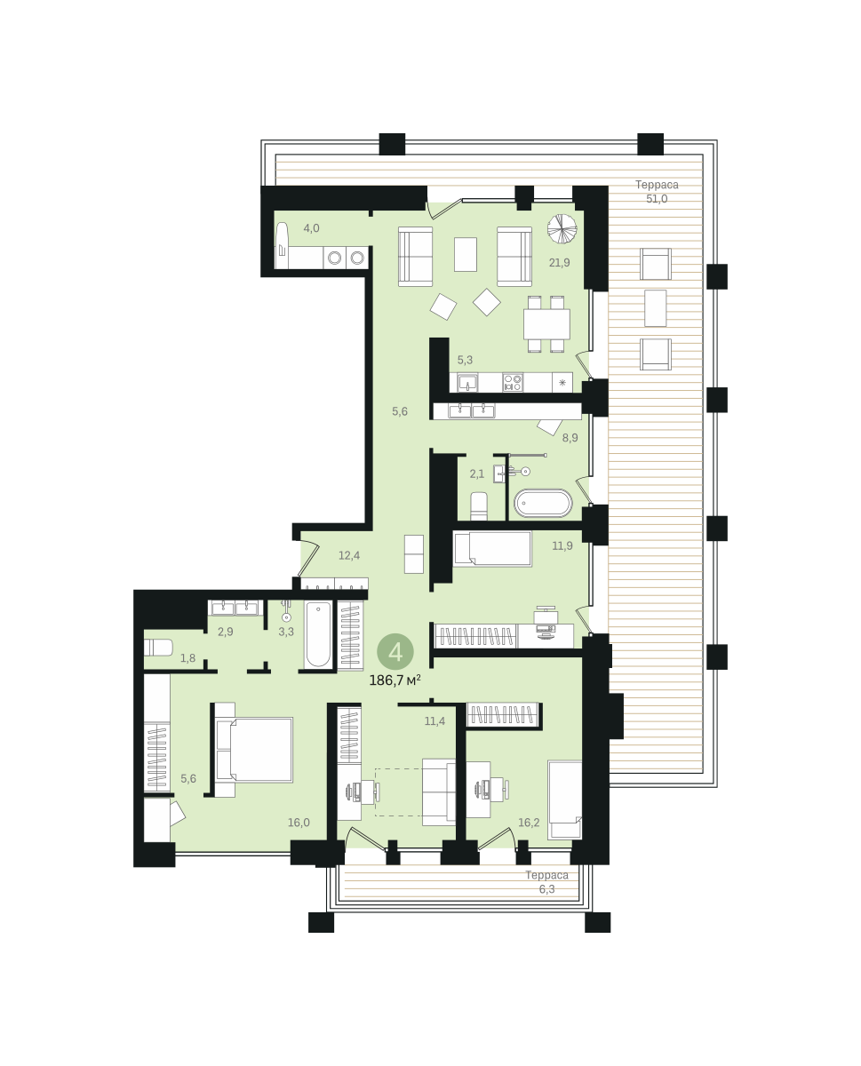 4-комнатная 186 м2 в ЖК Гудзон корпус null этаж 10