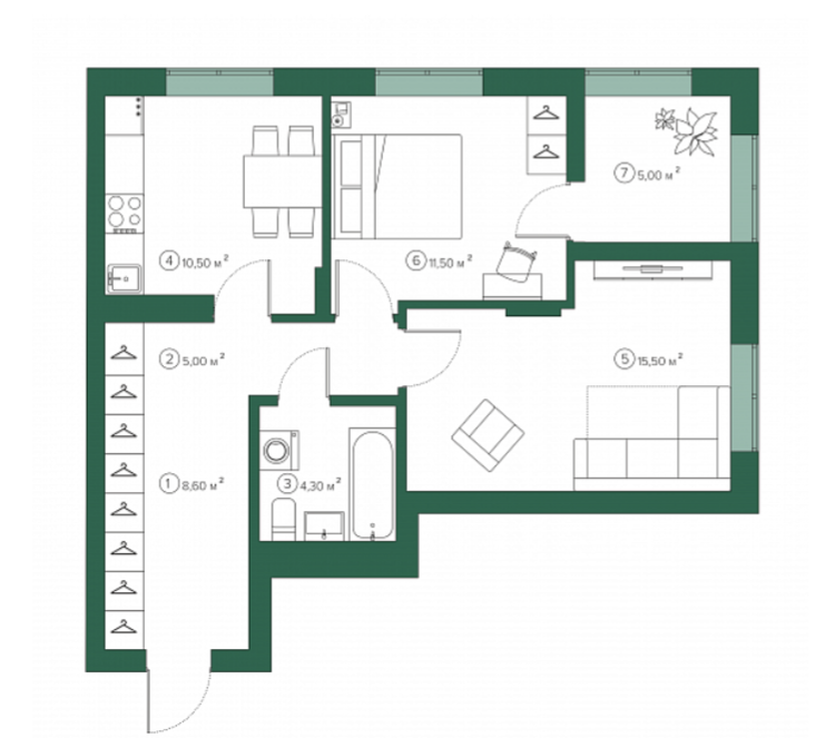 2-комнатная 57.9 м2 в ЖК undefined корпус null этаж 2