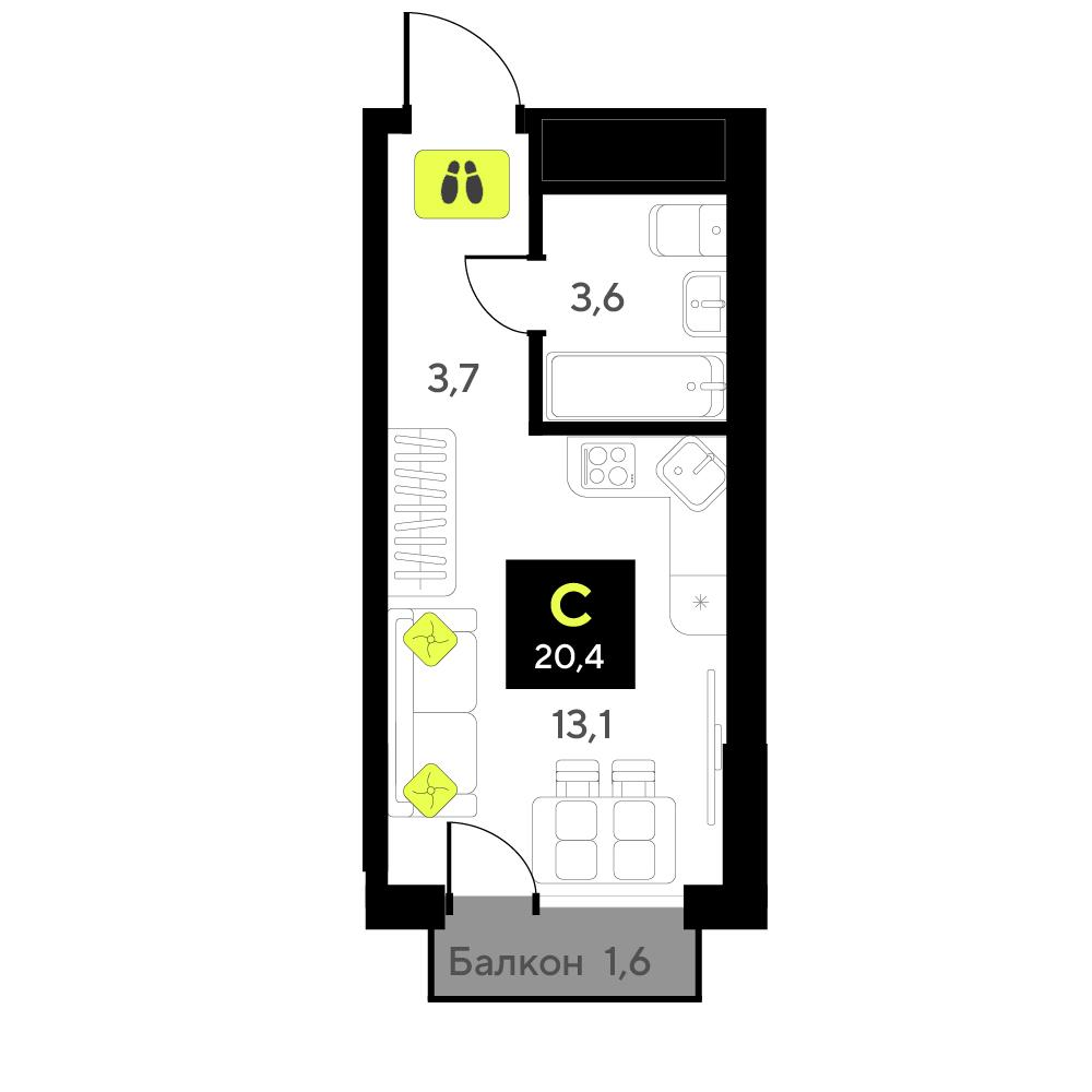 Студия 20 м2 в ЖК Мотивы корпус null этаж 14