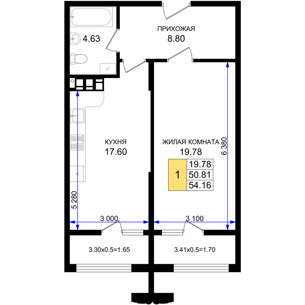 1-комнатная 54 м2 в ЖК Резиденция морей корпус null этаж 7
