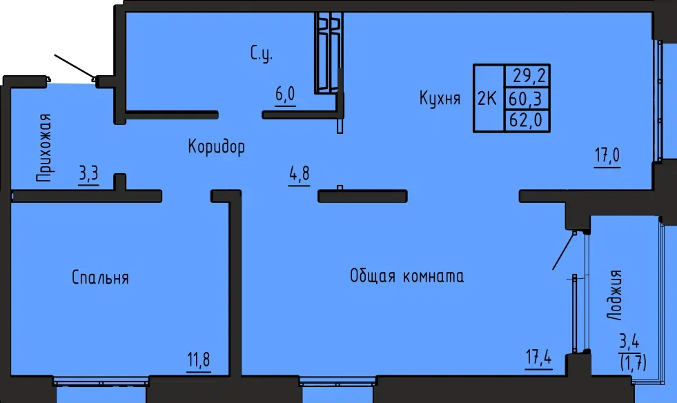 2-комнатная 62 м2 в ЖК Акварельный корпус null этаж 11