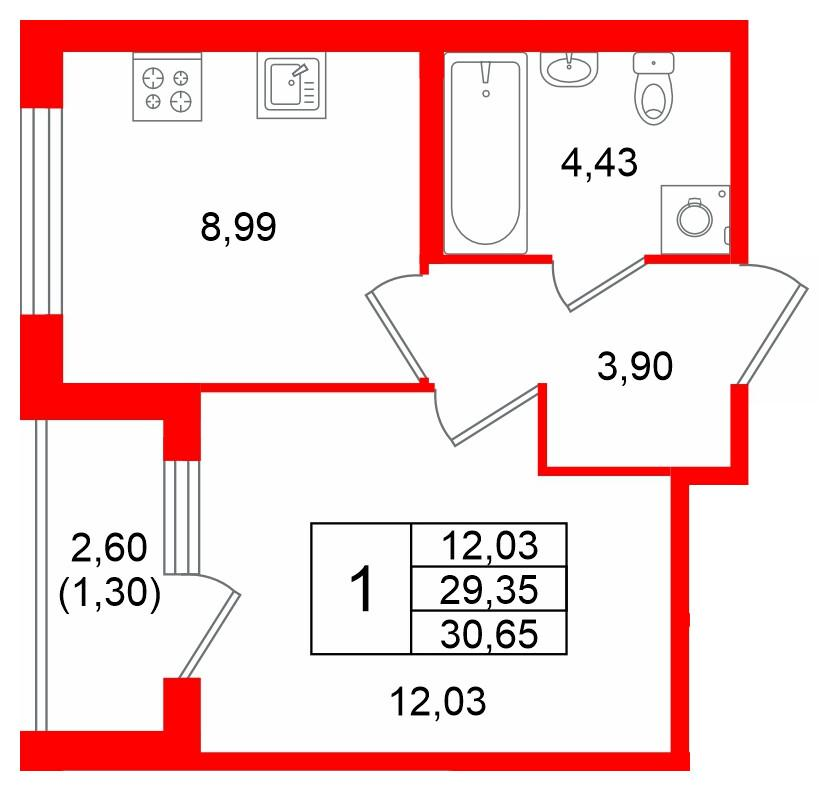 1-комнатная 30 м2 в ЖК Квартал Заречье корпус null этаж 1