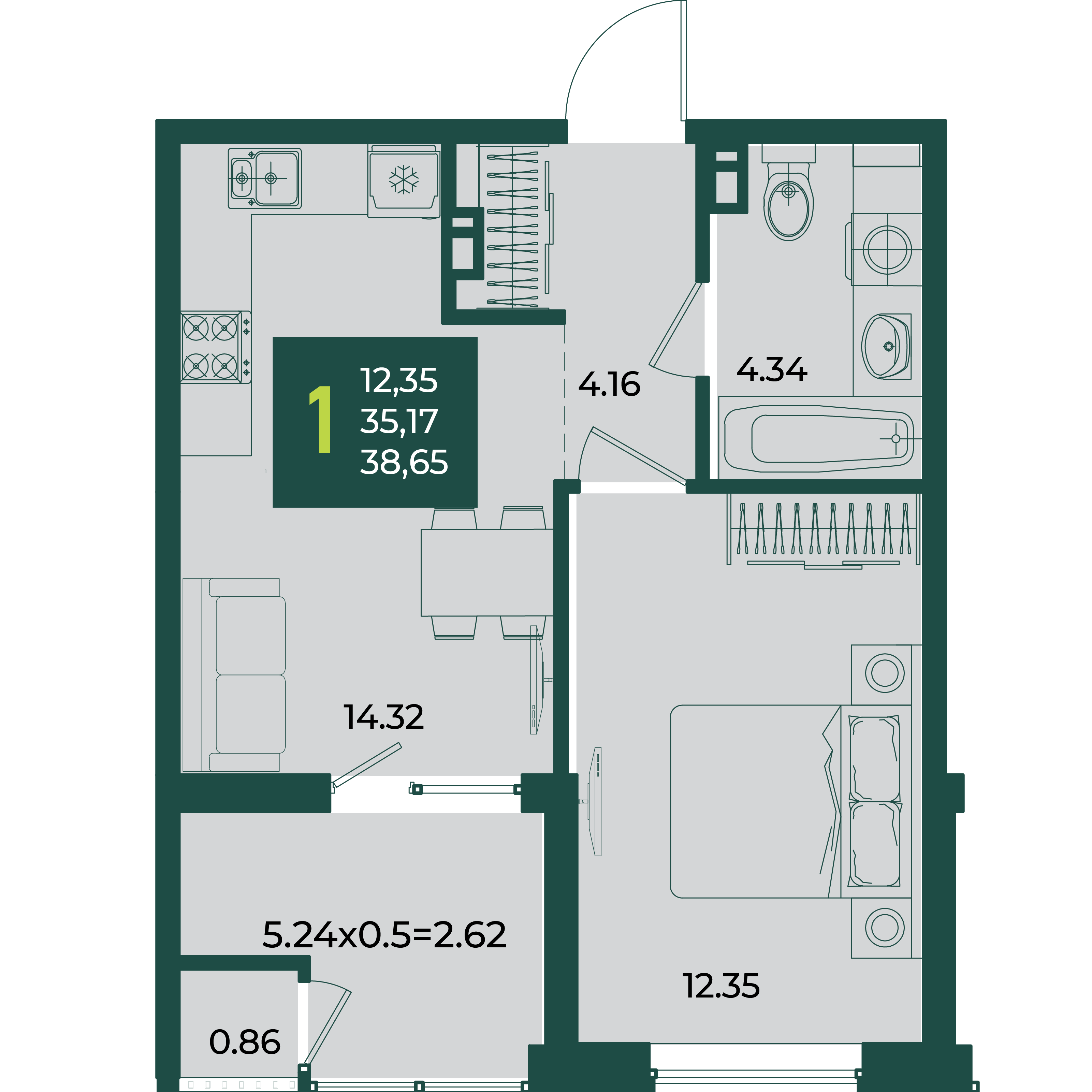 1-комнатная 38 м2 в ЖК Образцово корпус null этаж 5