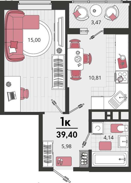 1-комнатная 39 м2 в ЖК Родные просторы корпус null этаж 10