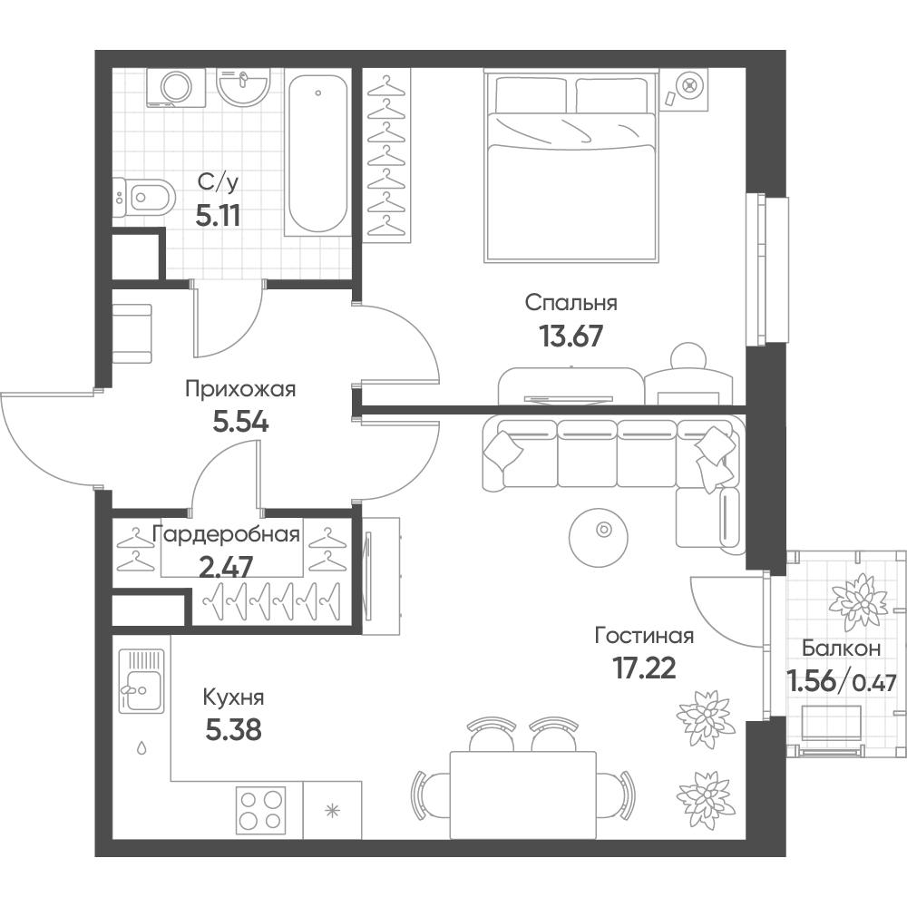 2-комнатная 49 м2 в ЖК Счастье в Казани корпус null этаж 3