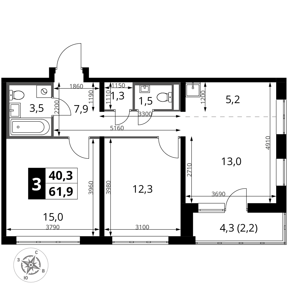 3-комнатная 61 м2 в ЖК 1-й Донской корпус null этаж 2