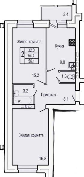 2-комнатная 56.1 м2 в ЖК undefined корпус null этаж 1