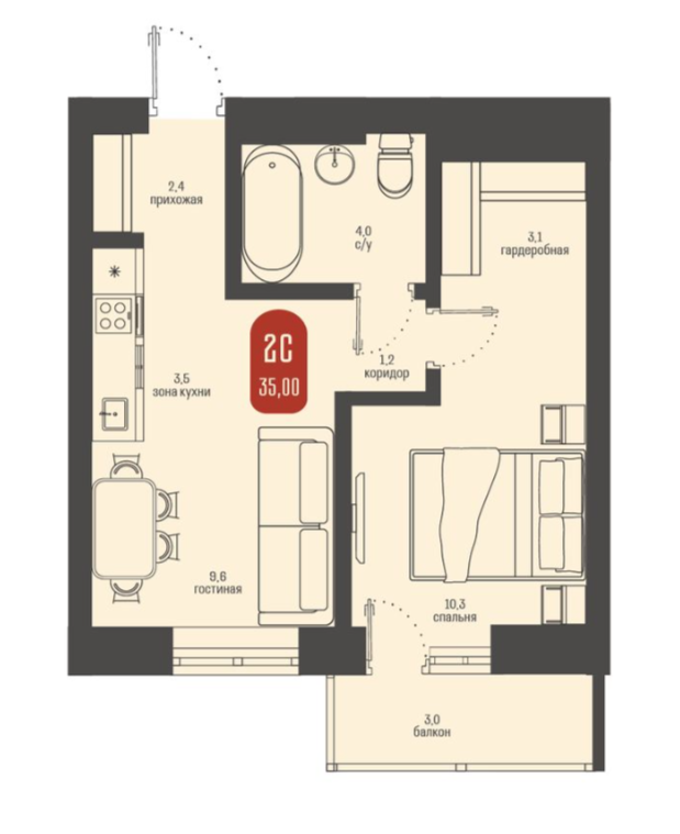 2-комнатная 35 м2 в ЖК undefined корпус null этаж 16