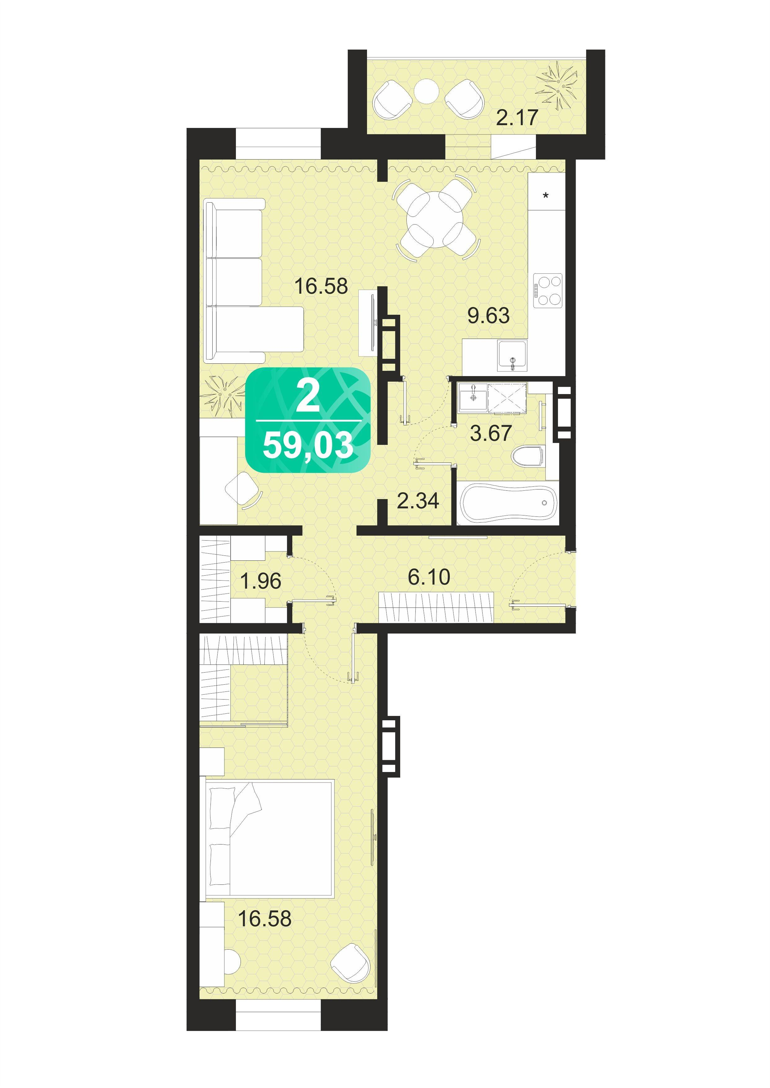 2-комнатная 59 м2 в ЖК Серебряный бор корпус null этаж 9