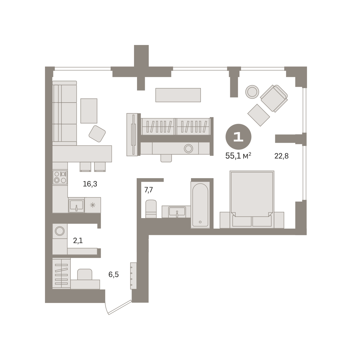 1-комнатная 55 м2 в ЖК Квартал Издание корпус null этаж 12