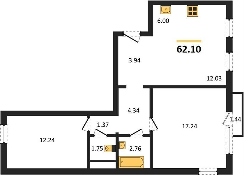 2-комнатная 62.1 м2 в ЖК undefined корпус null этаж 6