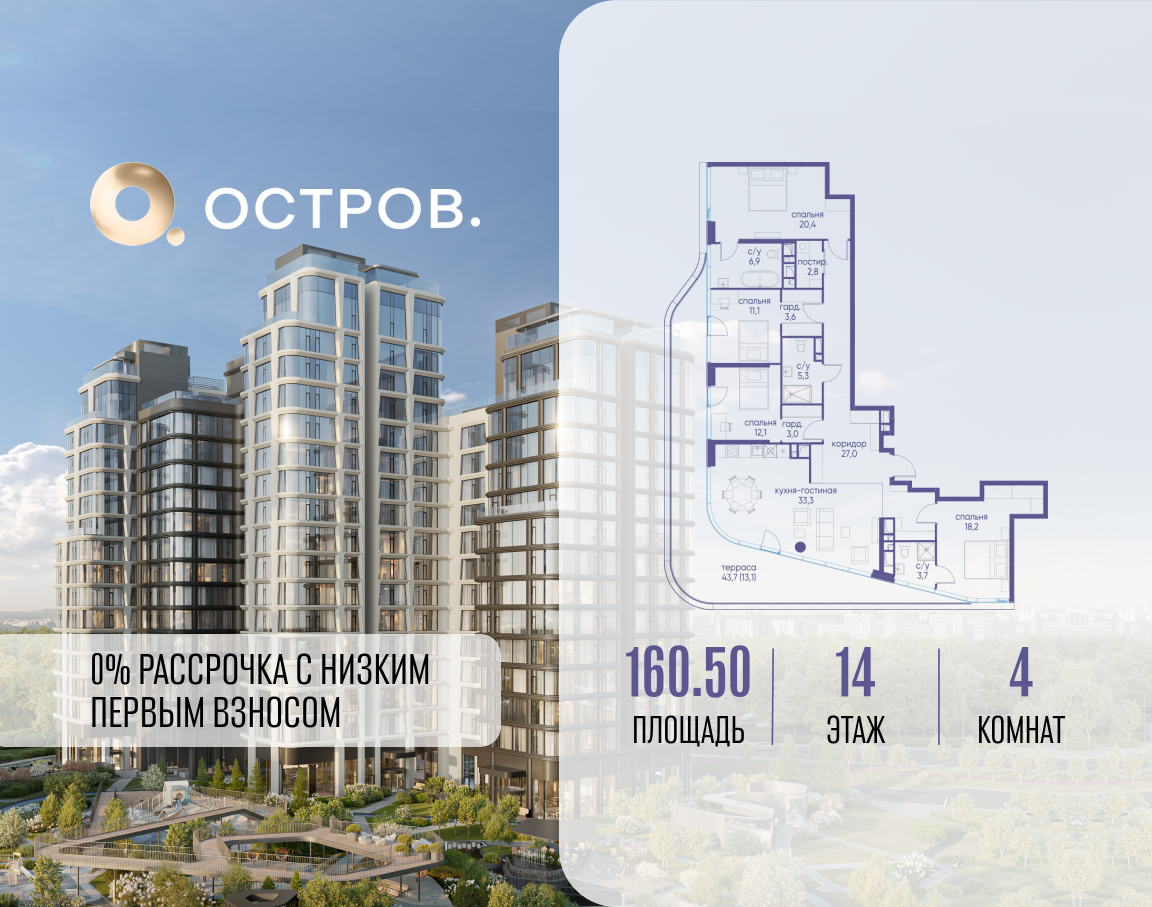 4-комнатная 160 м2 в ЖК Остров корпус null этаж 14