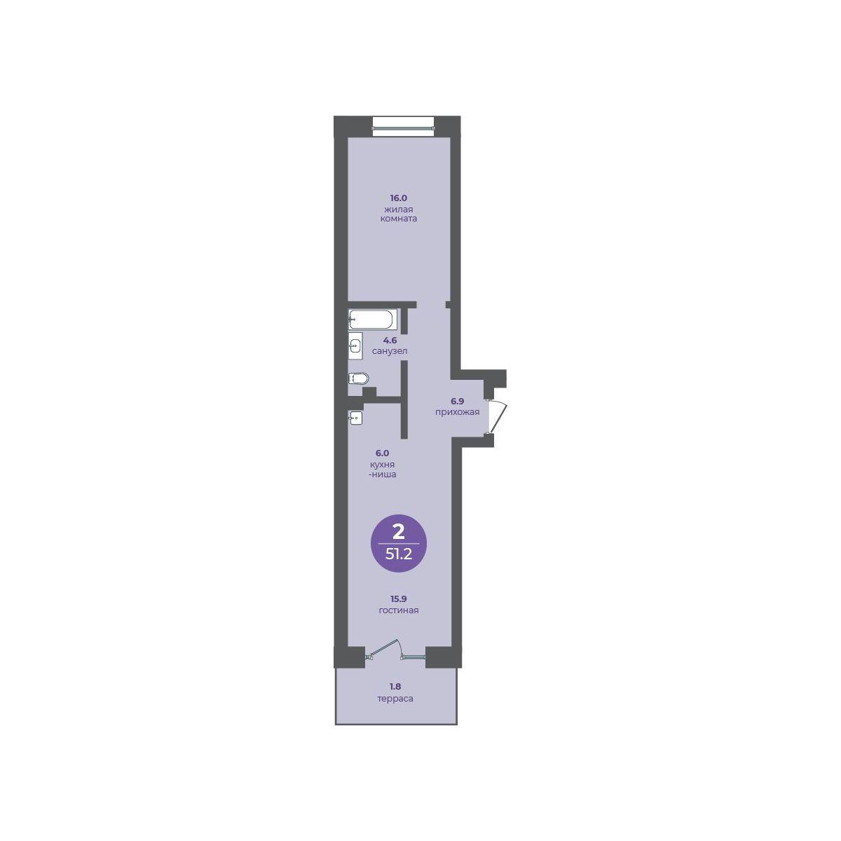 2-комнатная 51 м2 в ЖК Перемены корпус null этаж 1