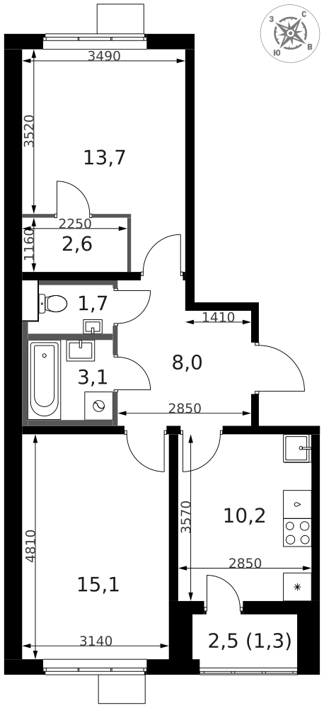 2-комнатная 55 м2 в ЖК 1-й Южный корпус null этаж 3