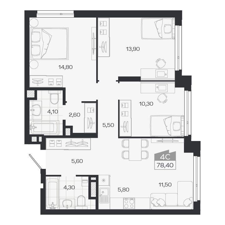 4-комнатная 78 м2 в ЖК Ясный берег корпус null этаж 24
