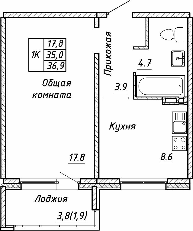 1-комнатная 36.9 м2 в ЖК undefined корпус null этаж 4