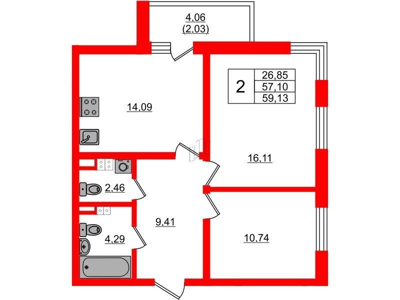2-комнатная 59 м2 в ЖК Золотые купола. Новая История корпус null этаж 3