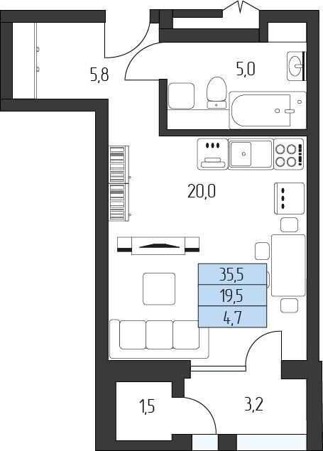 Студия 32 м2 в ЖК Горы Здесь корпус null этаж 4