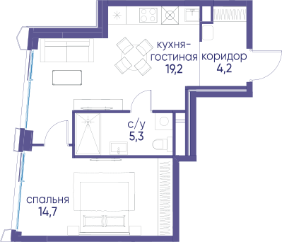 1-комнатная 43 м2 в ЖК Остров корпус null этаж 3
