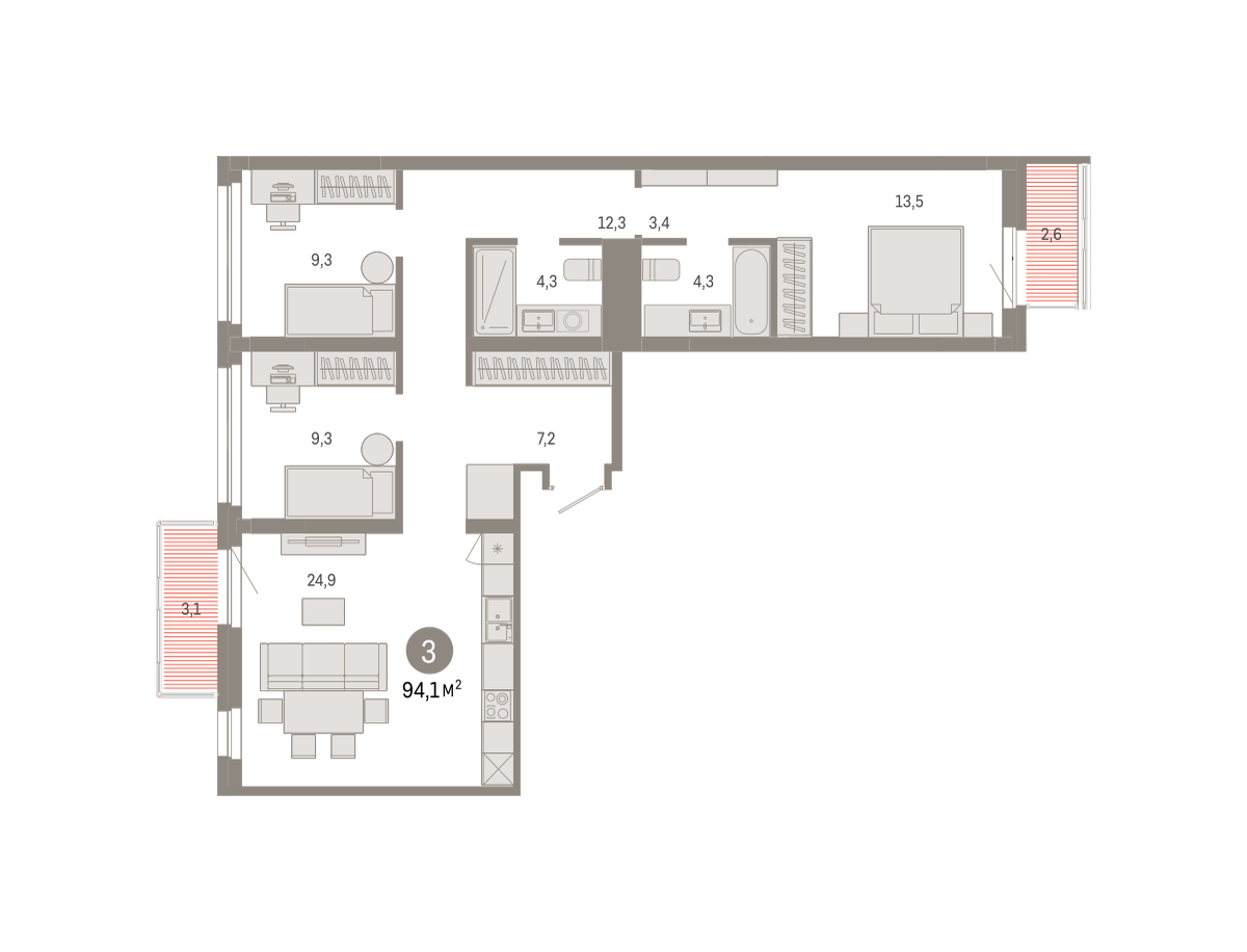 3-комнатная 94 м2 в ЖК Квартал Нефть корпус null этаж 7