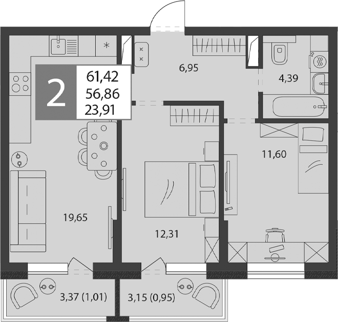 2-комнатная 61.4 м2 в ЖК undefined корпус null этаж 8
