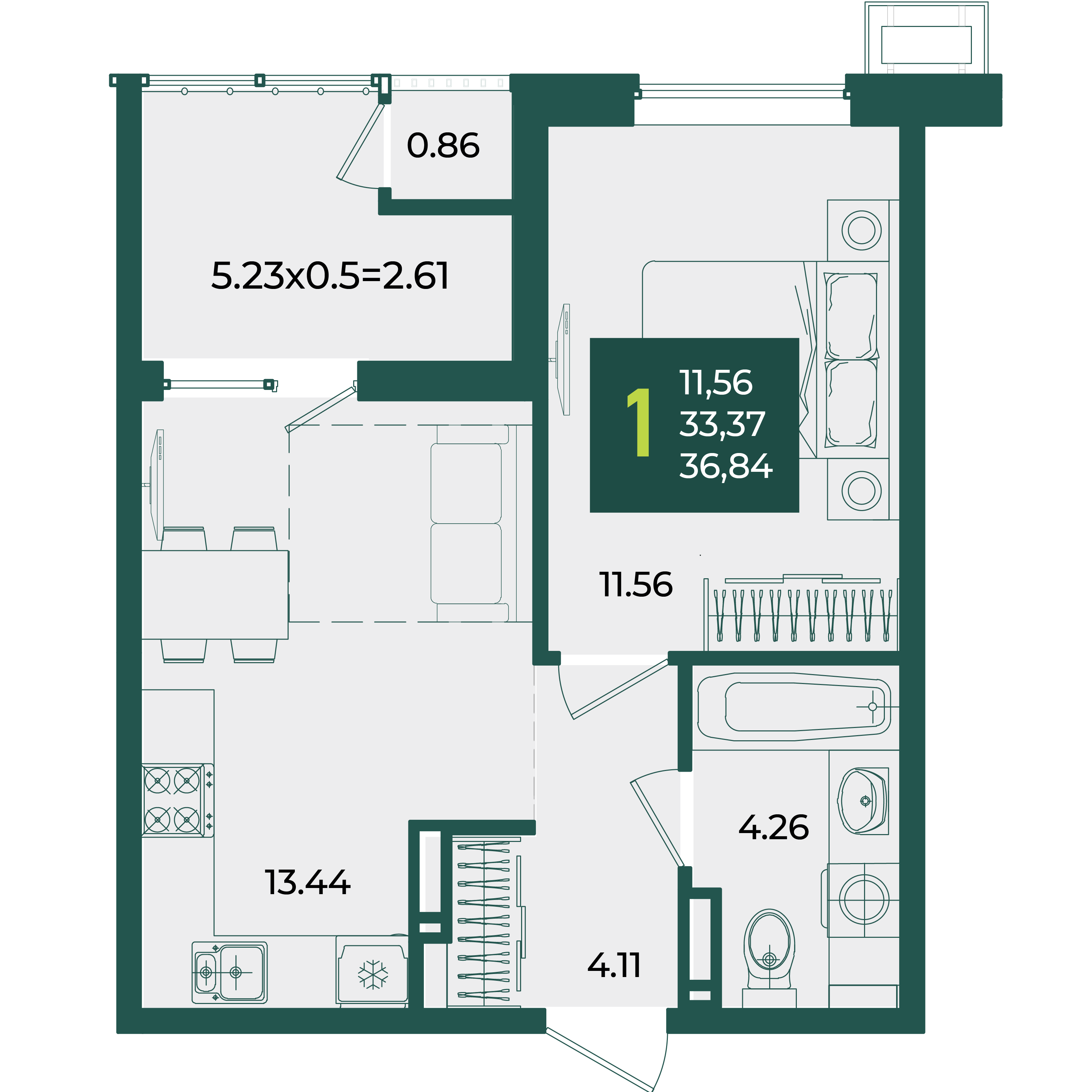 1-комнатная 36 м2 в ЖК Образцово корпус null этаж 10