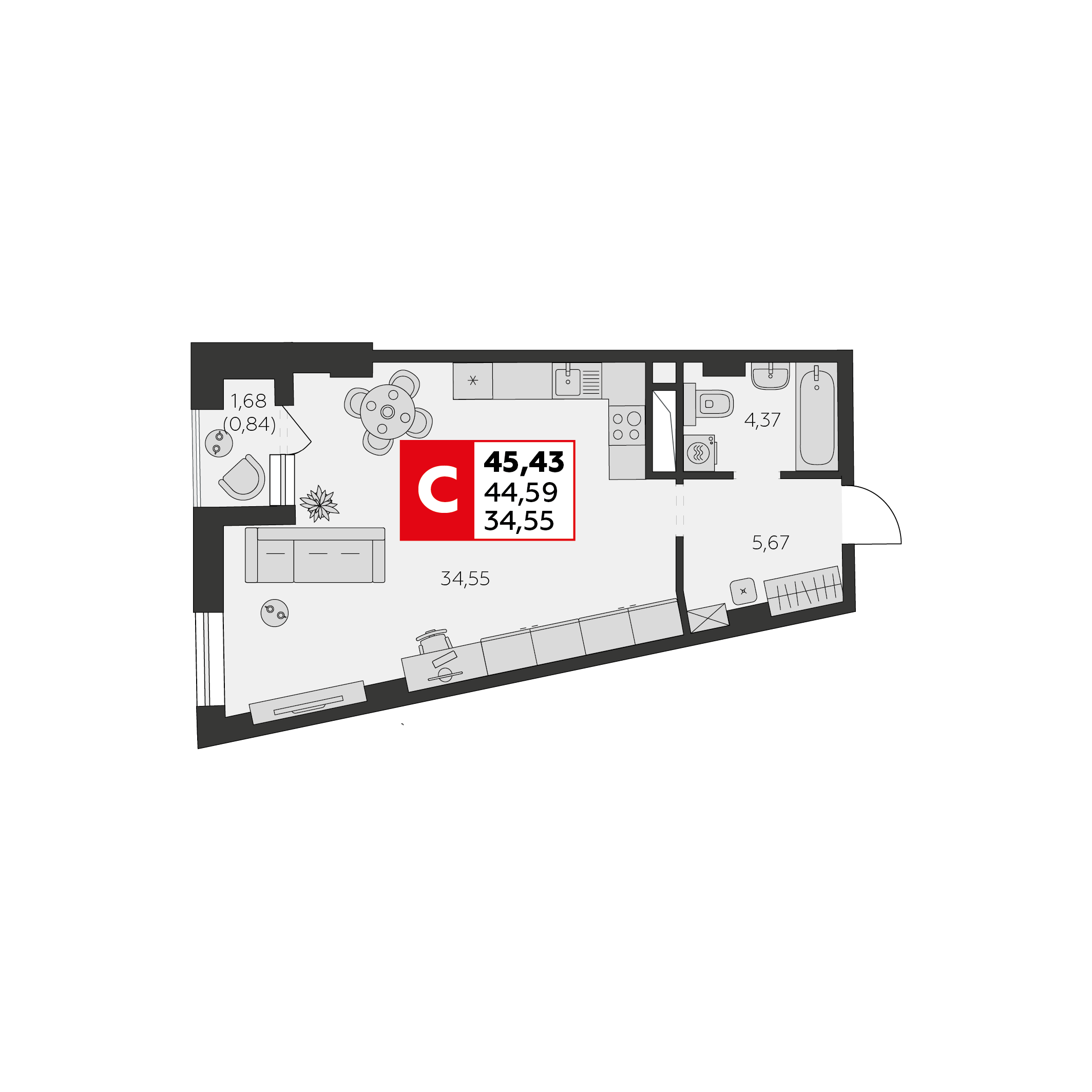 Студия 45 м2 в ЖК Высотка корпус null этаж 2