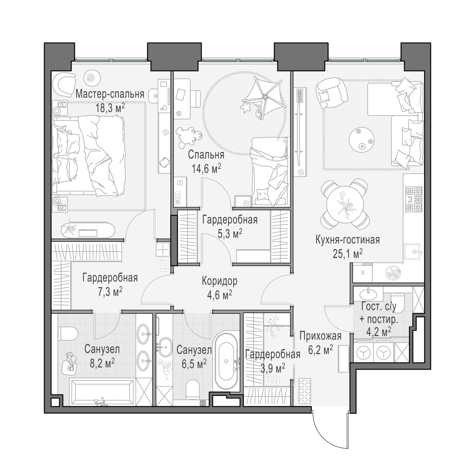 3-комнатная 104 м2 в ЖК Роскошный квартал LIFE TIME корпус null этаж 5