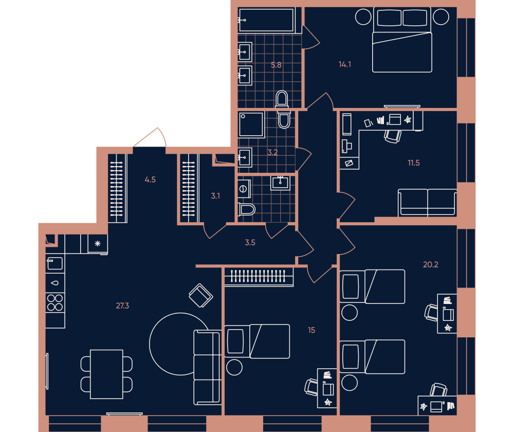 5-комнатная 117 м2 в ЖК ERA / Дербеневская 20 корпус null этаж 19