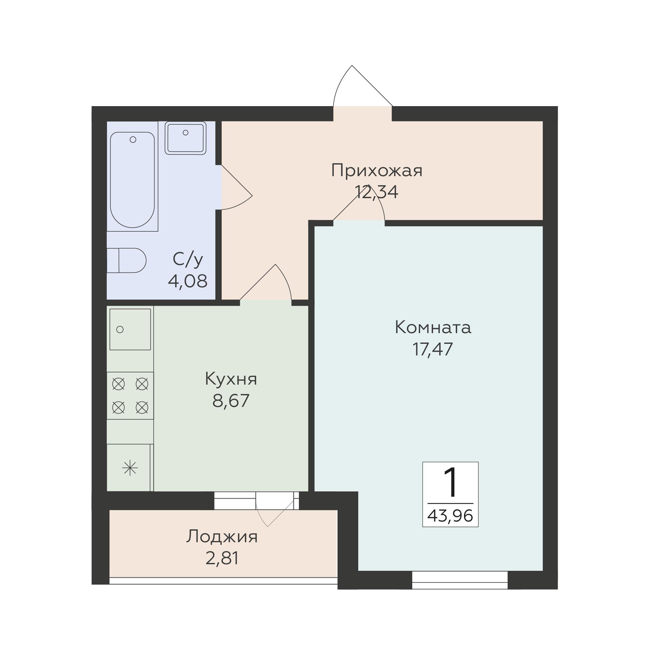 1-комнатная 43 м2 в ЖК Классики корпус null этаж 14