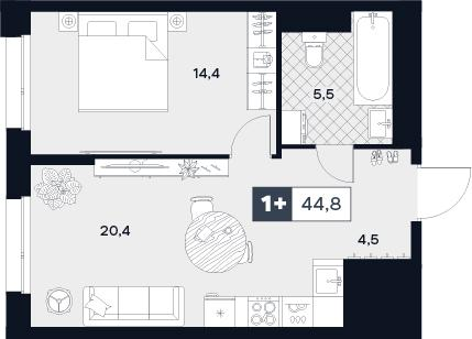 1-комнатная 44 м2 в ЖК Юту корпус null этаж 18