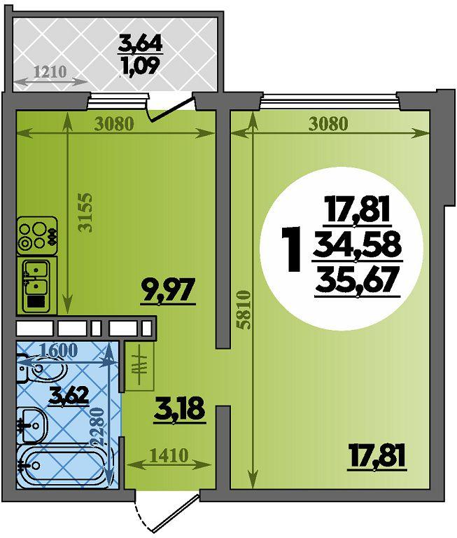 1-комнатная 35 м2 в ЖК Платовский корпус null этаж 4