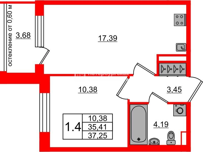 1-комнатная 35 м2 в ЖК Univer City корпус null этаж 1