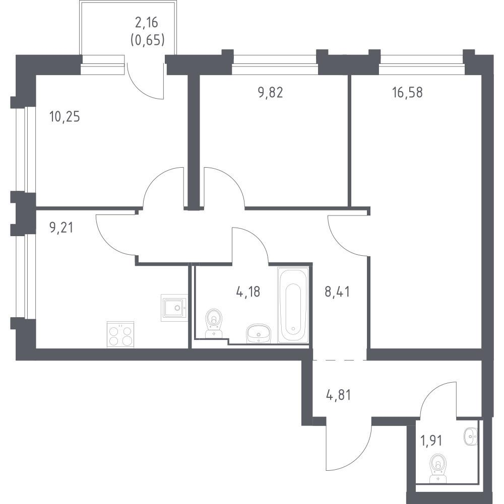 3-комнатная 65.8 м2 в ЖК undefined корпус null этаж 12