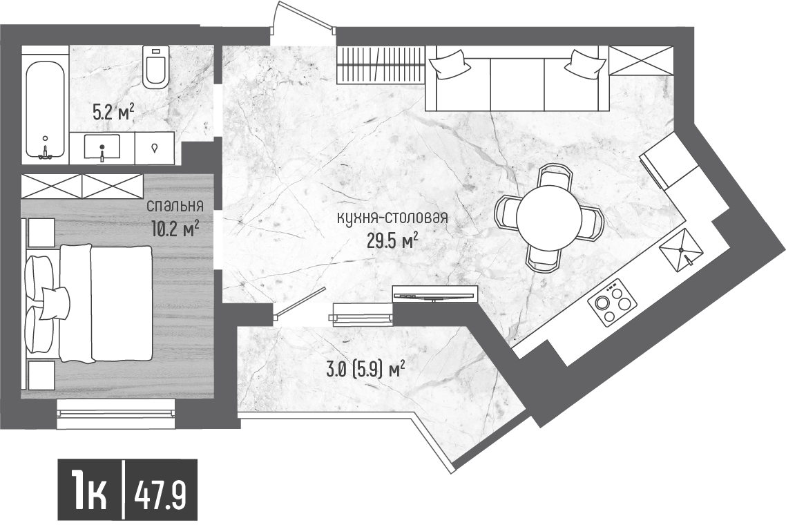 1-комнатная 47 м2 в ЖК Морена корпус null этаж 3