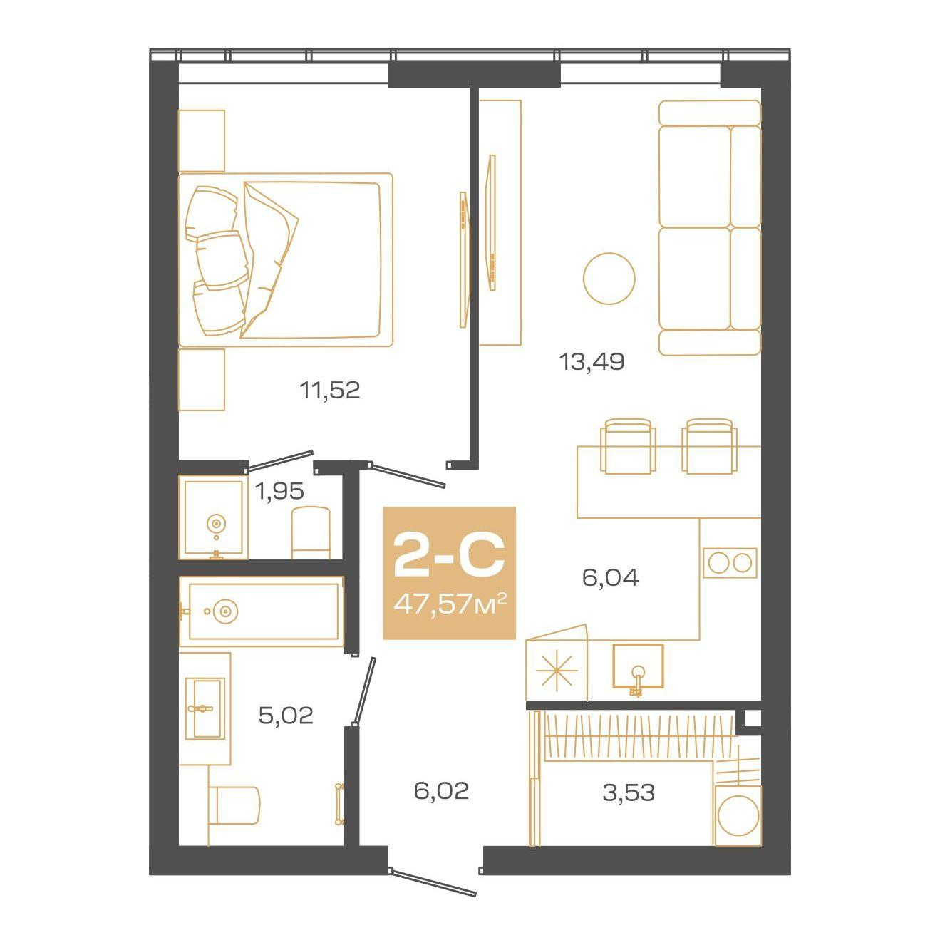 2-комнатная 47 м2 в ЖК Пульсар корпус null этаж 24