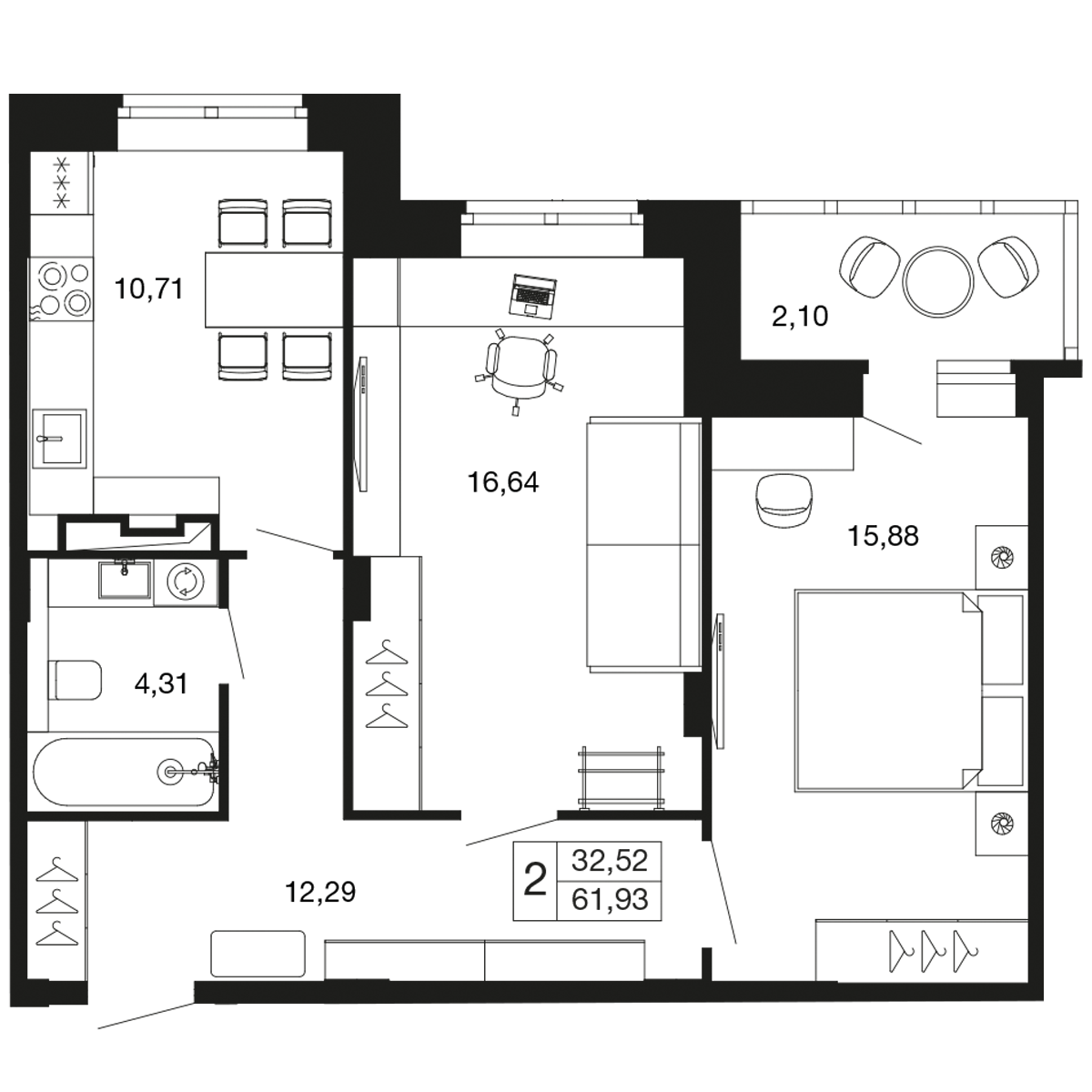 2-комнатная 61 м2 в ЖК Времена года корпус null этаж 6