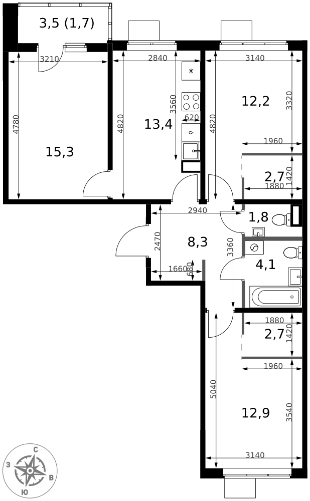 3-комнатная 75 м2 в ЖК 1-й Ясеневский корпус null этаж 9