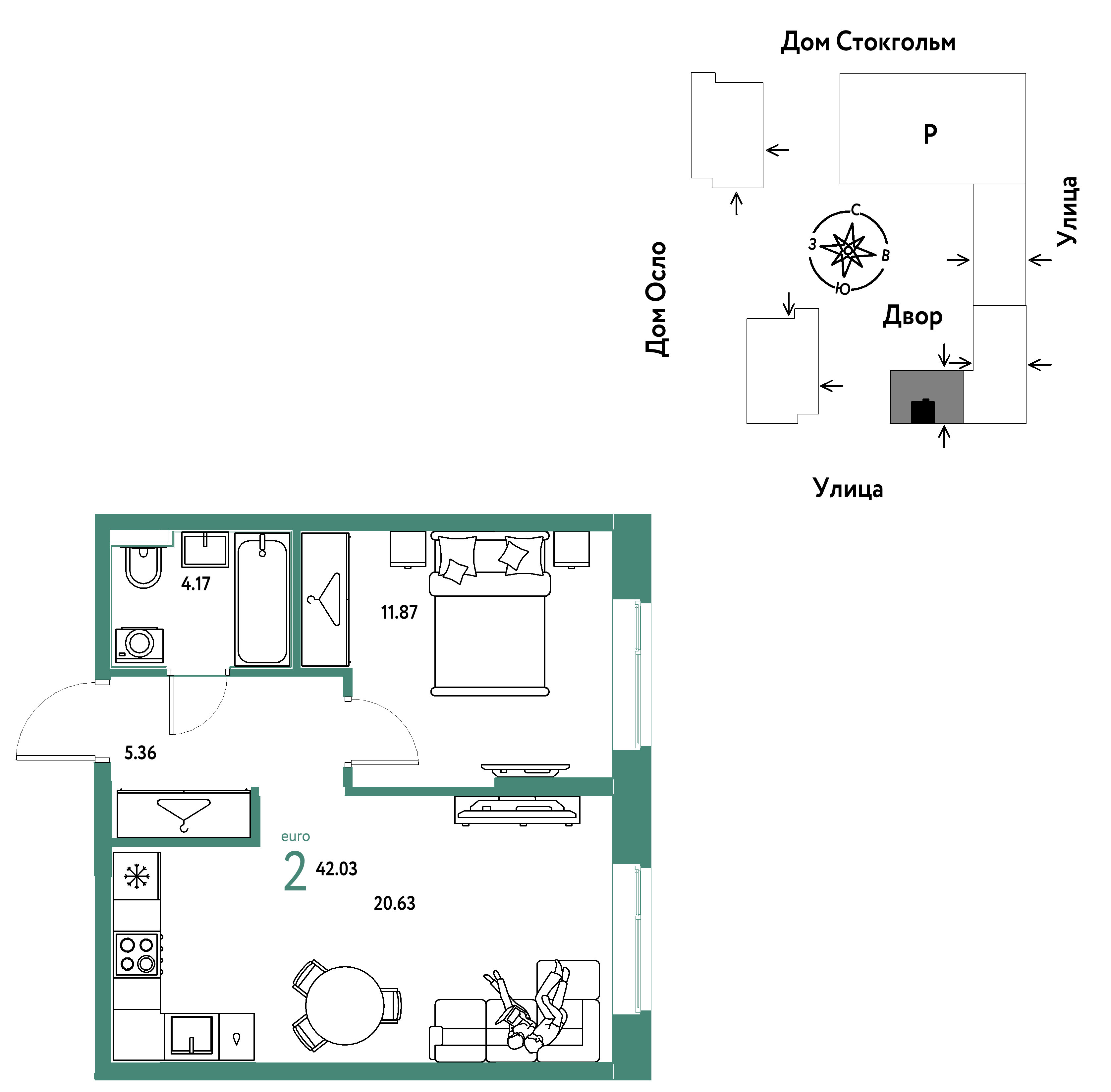 2-комнатная 42 м2 в ЖК Европейский берег 2.0 корпус null этаж 2