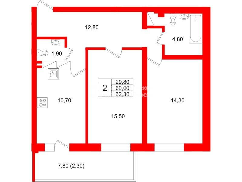 2-комнатная 64 м2 в ЖК Экос корпус null этаж 18