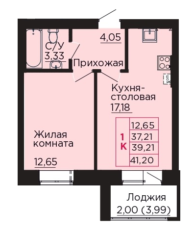 1-комнатная 39 м2 в ЖК Вишневый сад корпус null этаж 2