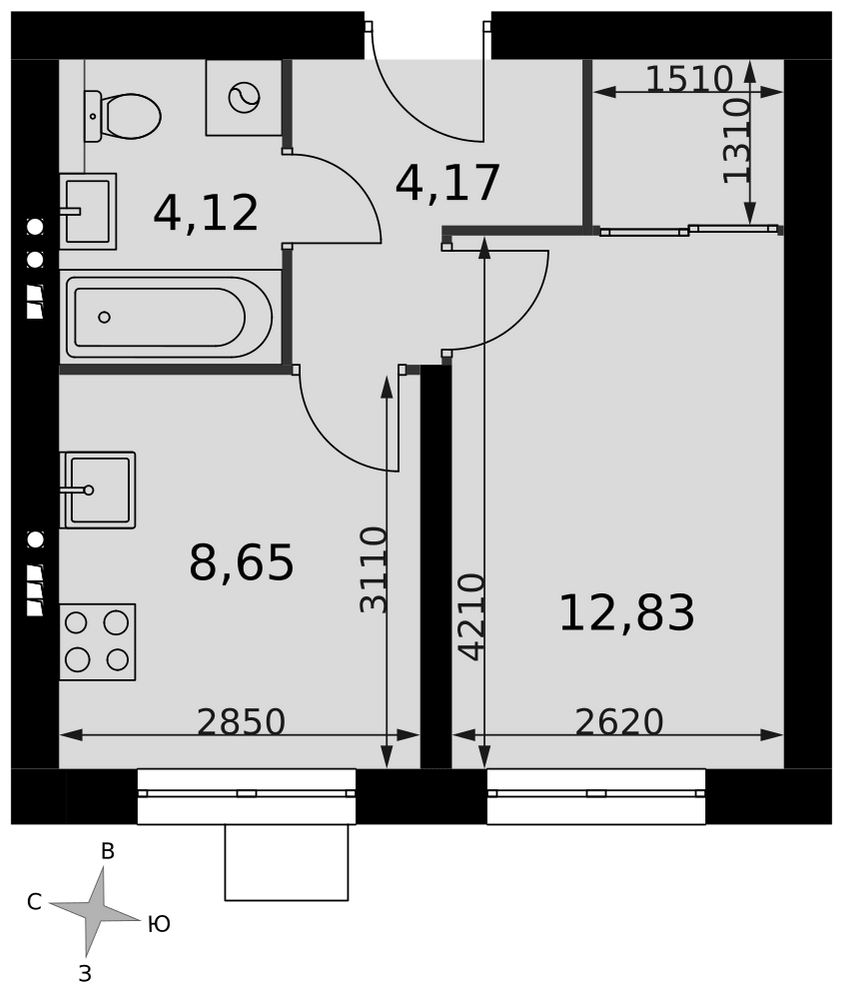 1-комнатная 29 м2 в ЖК Мартемьяново Клаб корпус null этаж 2