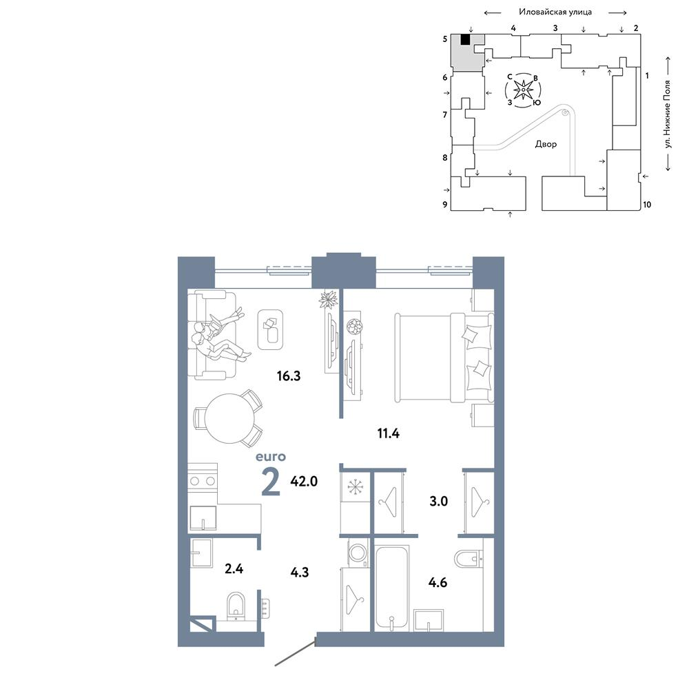 2-комнатная 42 м2 в ЖК Страна.Заречная корпус null этаж 6